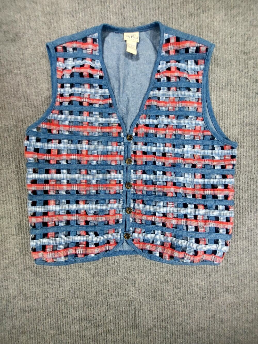 VTG Koret City Blues Open Weave Denim Vest Gingham Red White Country Core Granny
